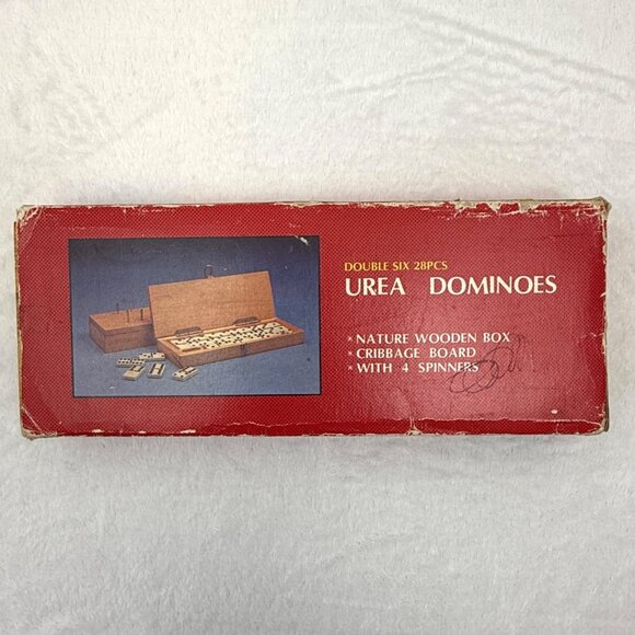 Vintage Urea Double Six Dominoes 28 Piece Set w/Cribbage Board & Wood Box - Picture 9 of 11